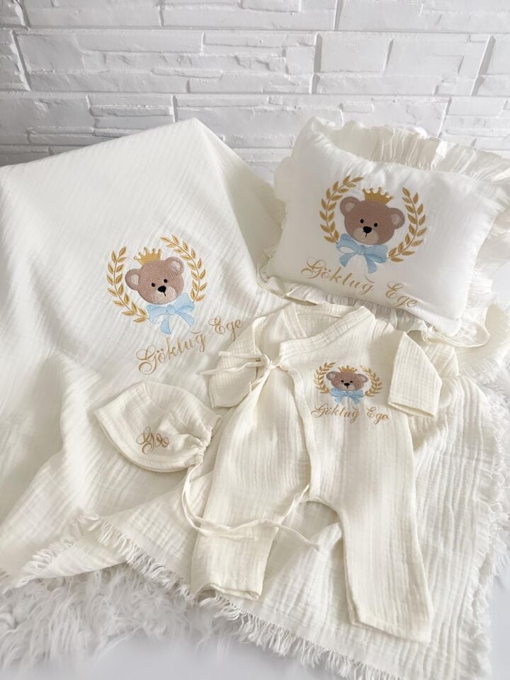 Kişiye Özel Ayıcık Desenli Bebek Hastane Çıkış Seti